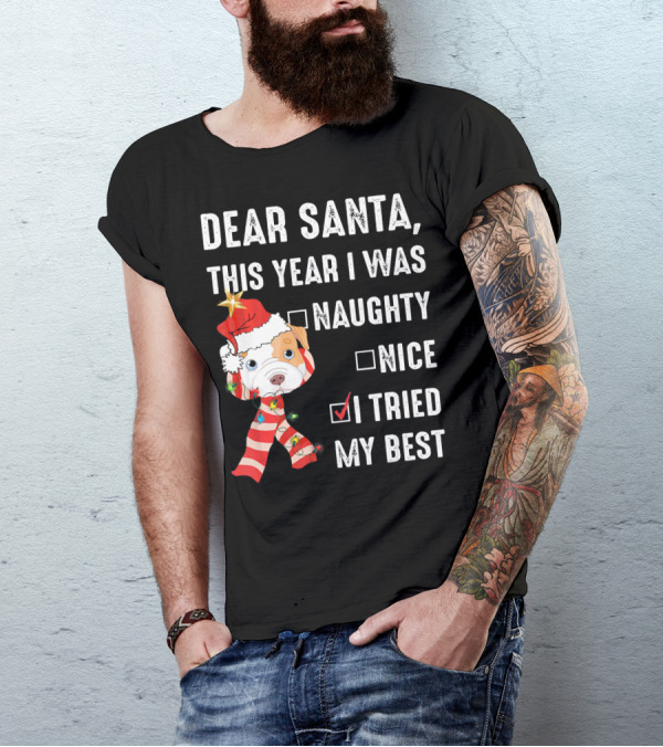Dear Santa This Year I Was Naughty Nice I Tried My Best Dog Christmas Hat Lights T-Shirt