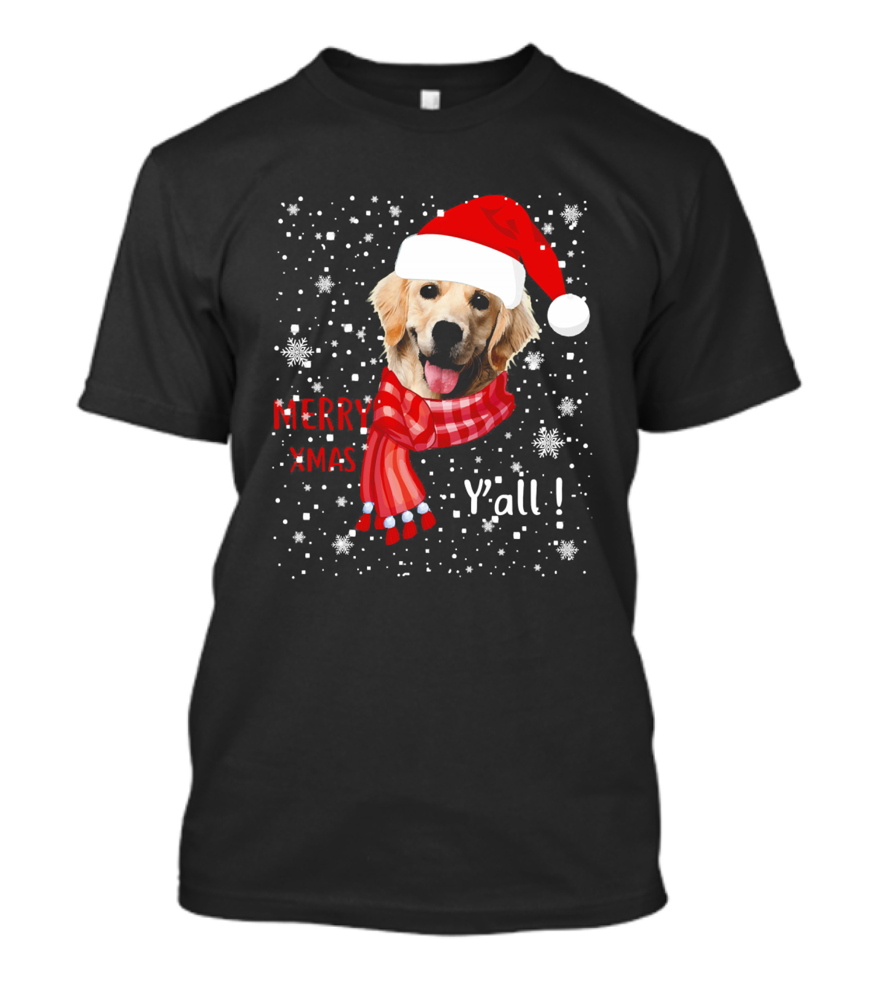 Merry Xmas Y'all Golden Retriever With Santa Hat And Scarf T-Shirt
