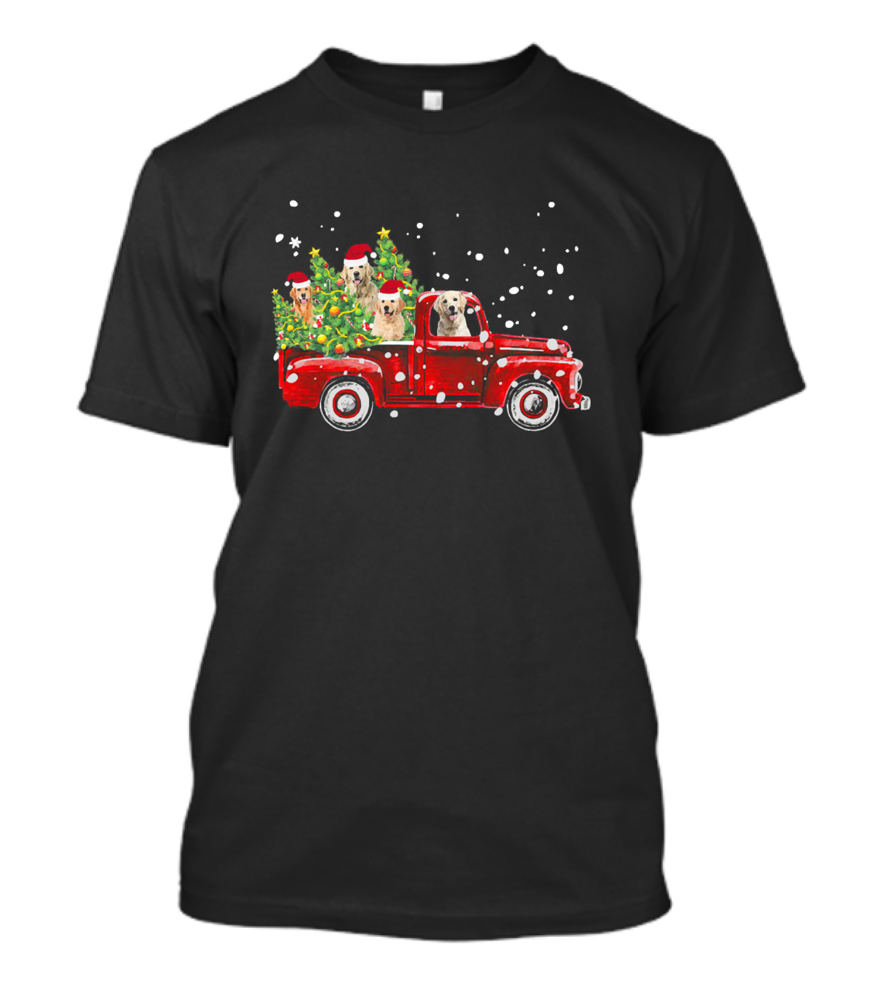 Golden Retriever Christmas Red Truck With Santa Hats And Snowflakes T-Shirt