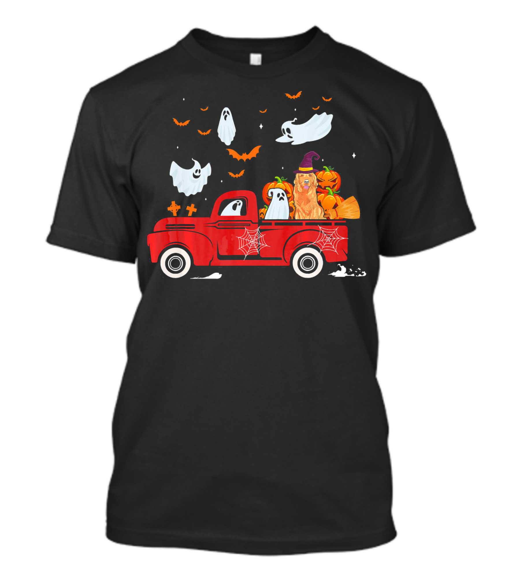Golden Retriever Pumpkin Witch Ghosts Red Truck Halloween Fun T-Shirt