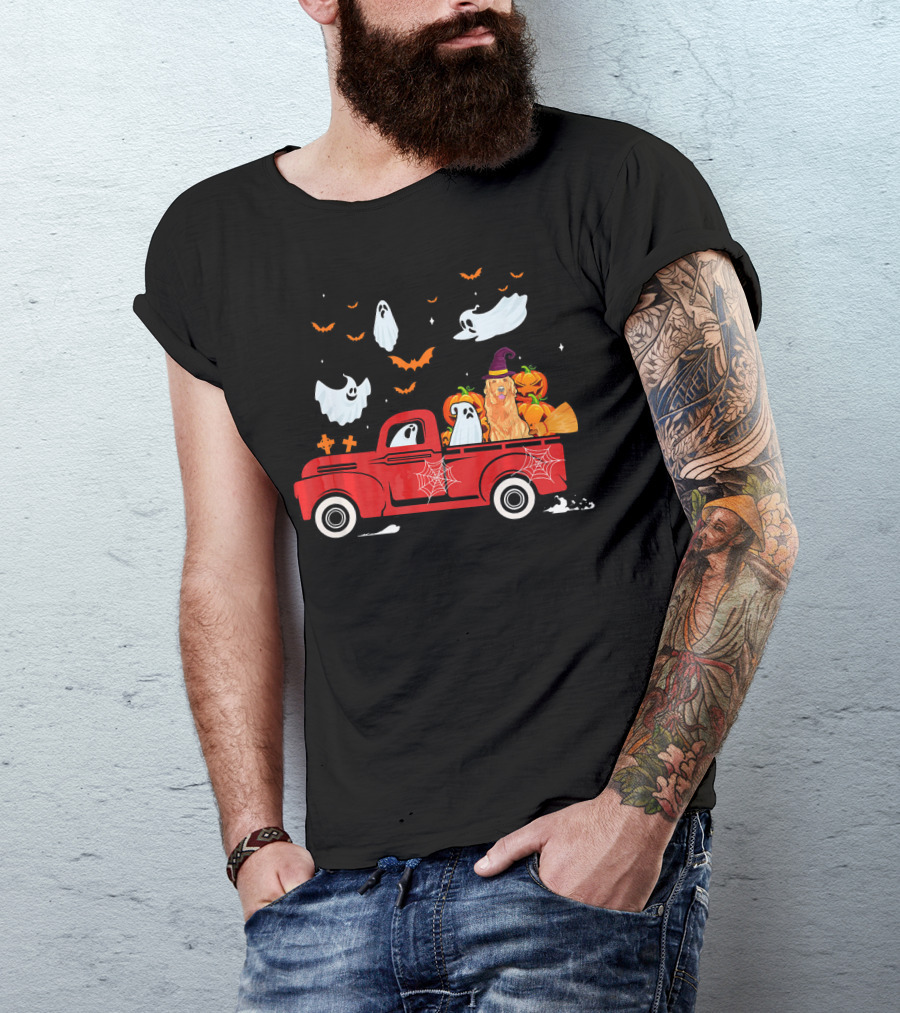 Golden Retriever Pumpkin Witch Ghosts Red Truck Halloween Fun T-Shirt