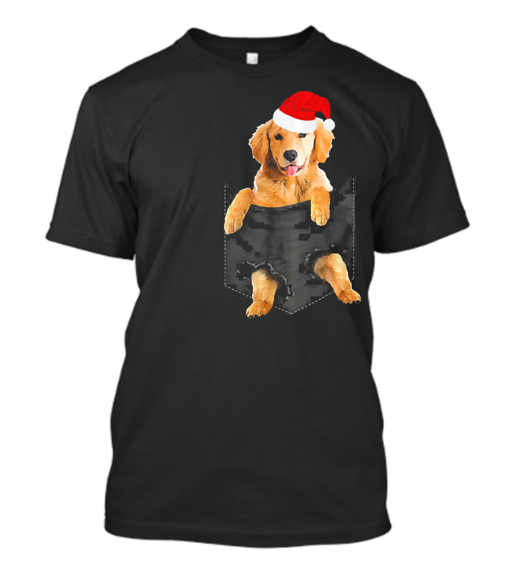 Golden Retriever In Pocket Wearing Christmas Santa Hat T-Shirt