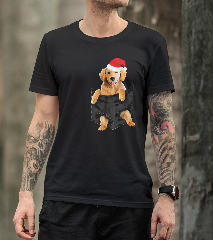 Golden Retriever In Pocket Wearing Christmas Santa Hat T-Shirt