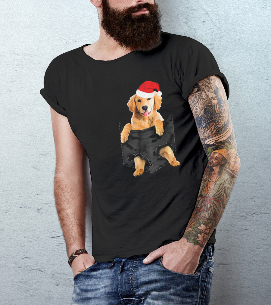 Golden Retriever In Pocket Wearing Christmas Santa Hat T-Shirt