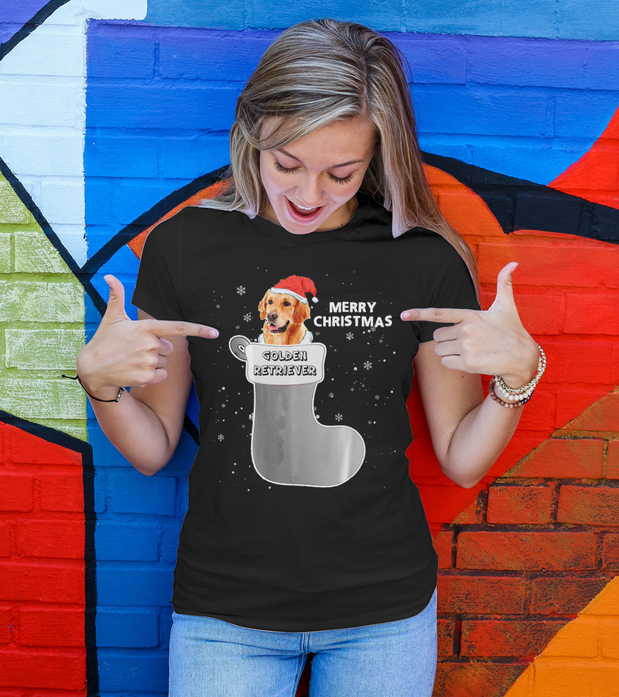 Merry Christmas Golden Retriever In Santa Hat Stocking T-Shirt
