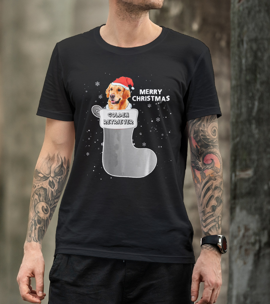 Merry Christmas Golden Retriever In Santa Hat Stocking T-Shirt