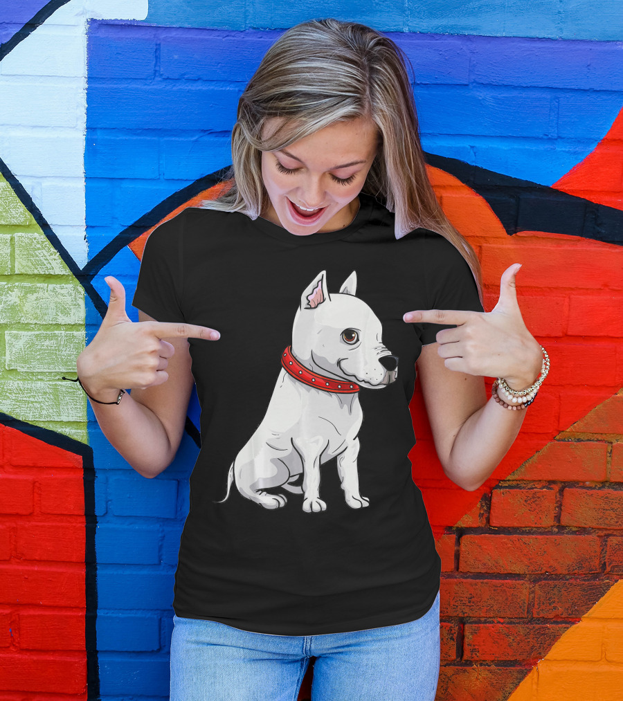 Dog Pit Bull White Breed Loyal Companion Red Collar T-Shirt