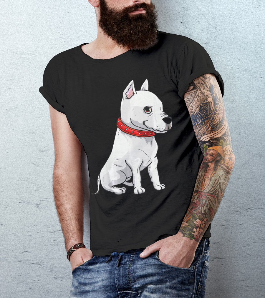 Dog Pit Bull White Breed Loyal Companion Red Collar T-Shirt