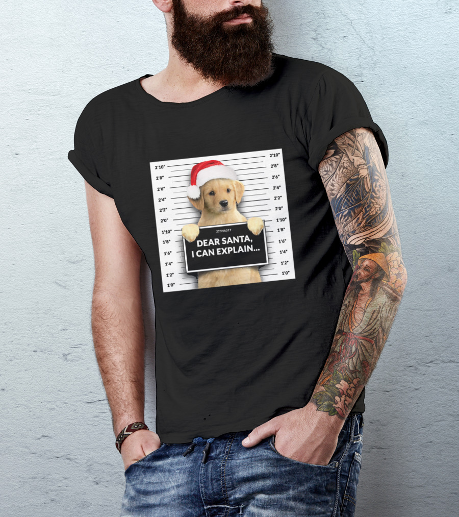 Dear Santa I Can Explain Christmas Golden Retriever Mugshot Santa Hat T-Shirt
