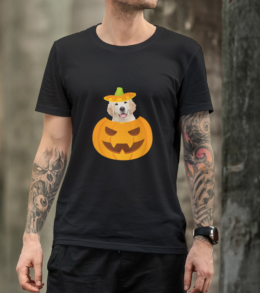 Golden Retriever Puppy Peeking Out From Halloween Pumpkin With Sombrero T-Shirt