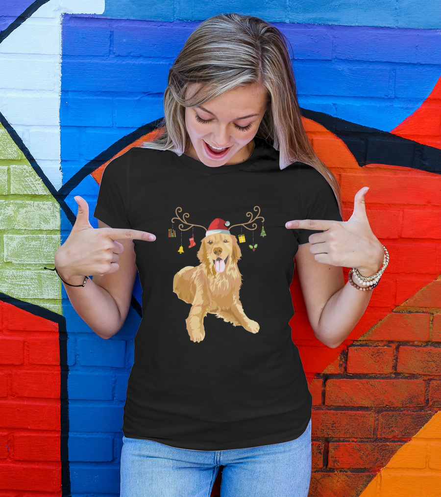 Golden Retriever Ugly Christmas Reindeer Antlers Hat T-Shirt
