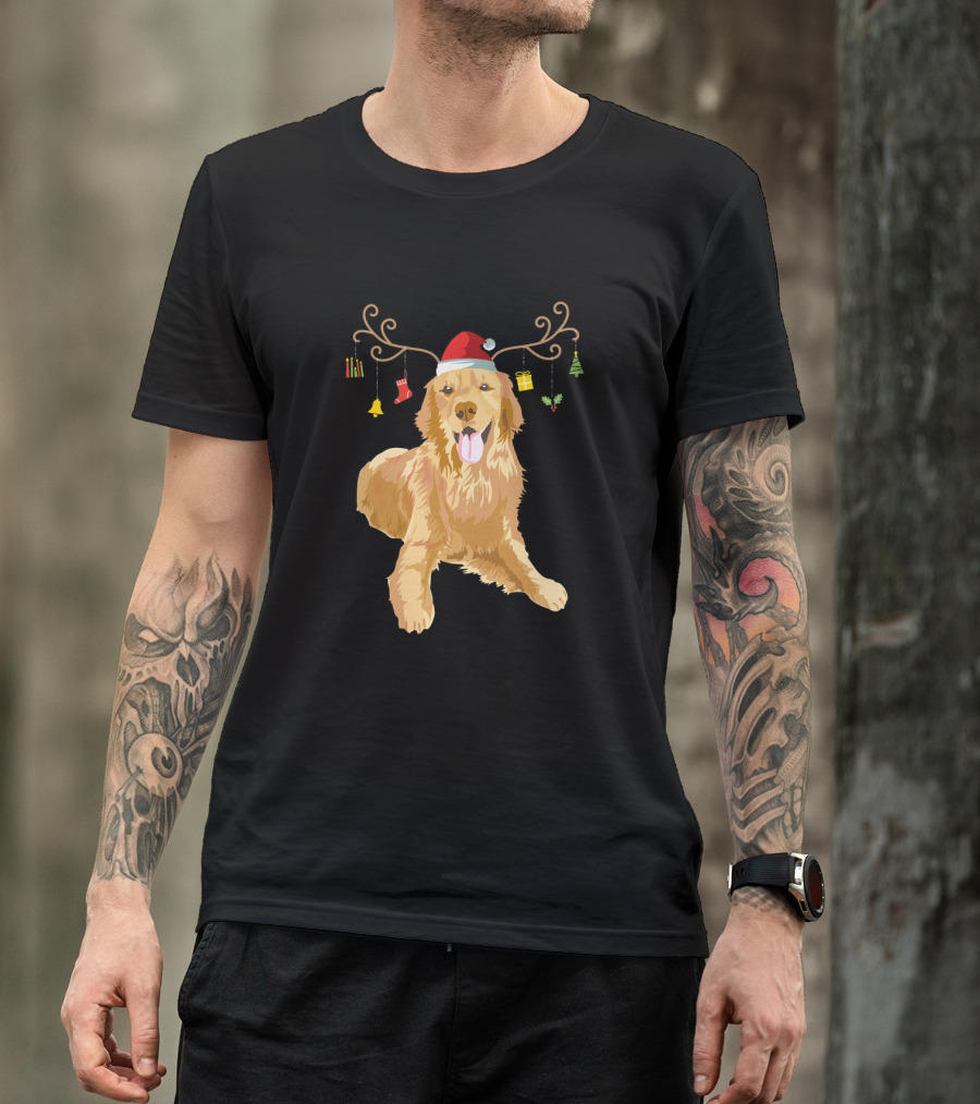 Golden Retriever Ugly Christmas Reindeer Antlers Hat T-Shirt