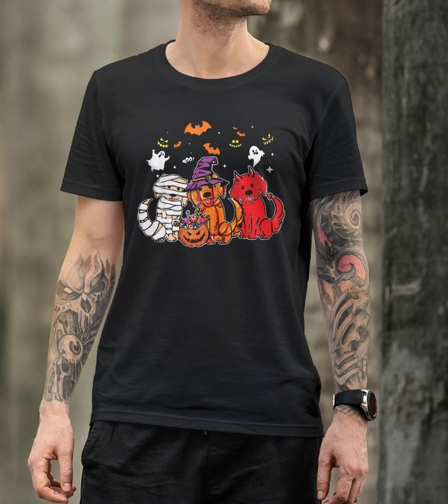 Golden Retriever Mummy Witch Halloween Trio With Ghosts And Bats T-Shirt