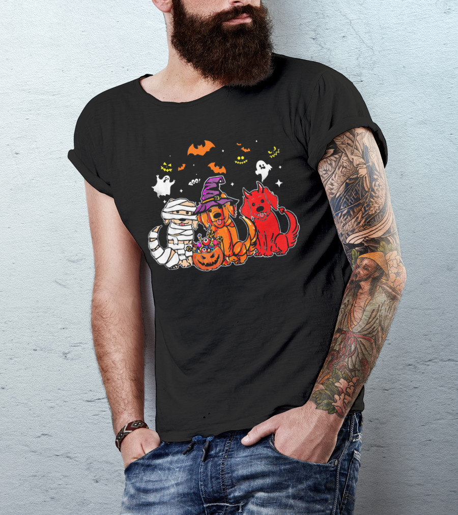 Golden Retriever Mummy Witch Halloween Trio With Ghosts And Bats T-Shirt