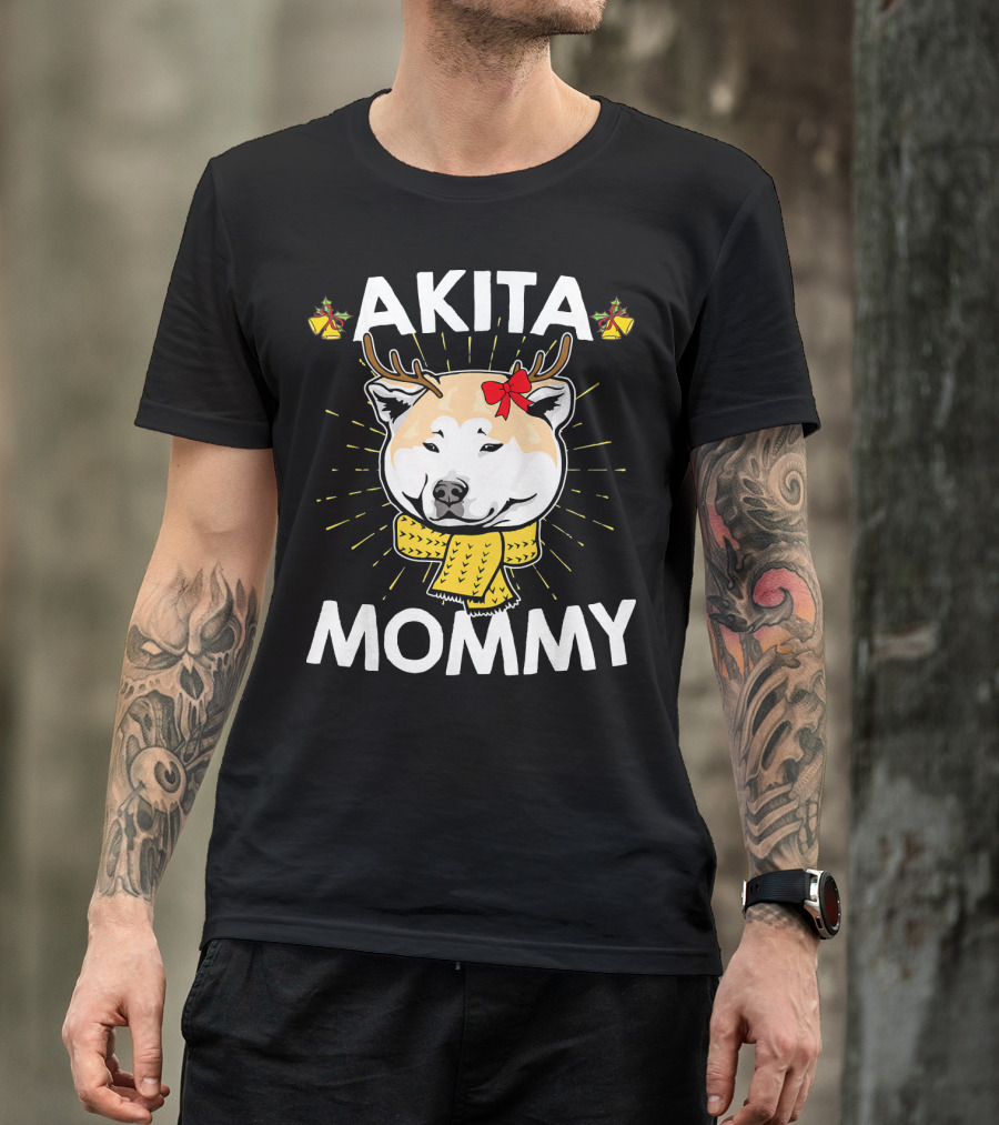 AKITA MOMMY Christmas Reindeer Dog With Yellow Scarf And Red Bow T-Shirt