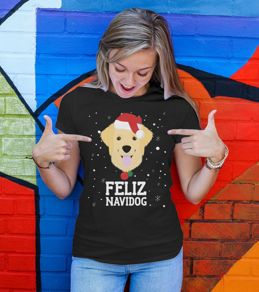 Feliz Navidog Christmas Dog Golden Ret Santa Hat T-Shirt