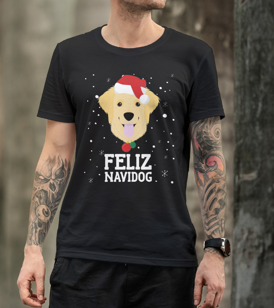 Feliz Navidog Christmas Dog Golden Ret Santa Hat T-Shirt