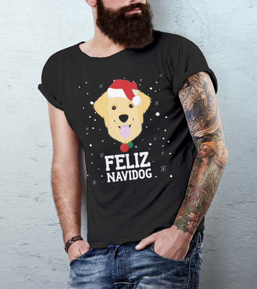 Feliz Navidog Christmas Dog Golden Ret Santa Hat T-Shirt