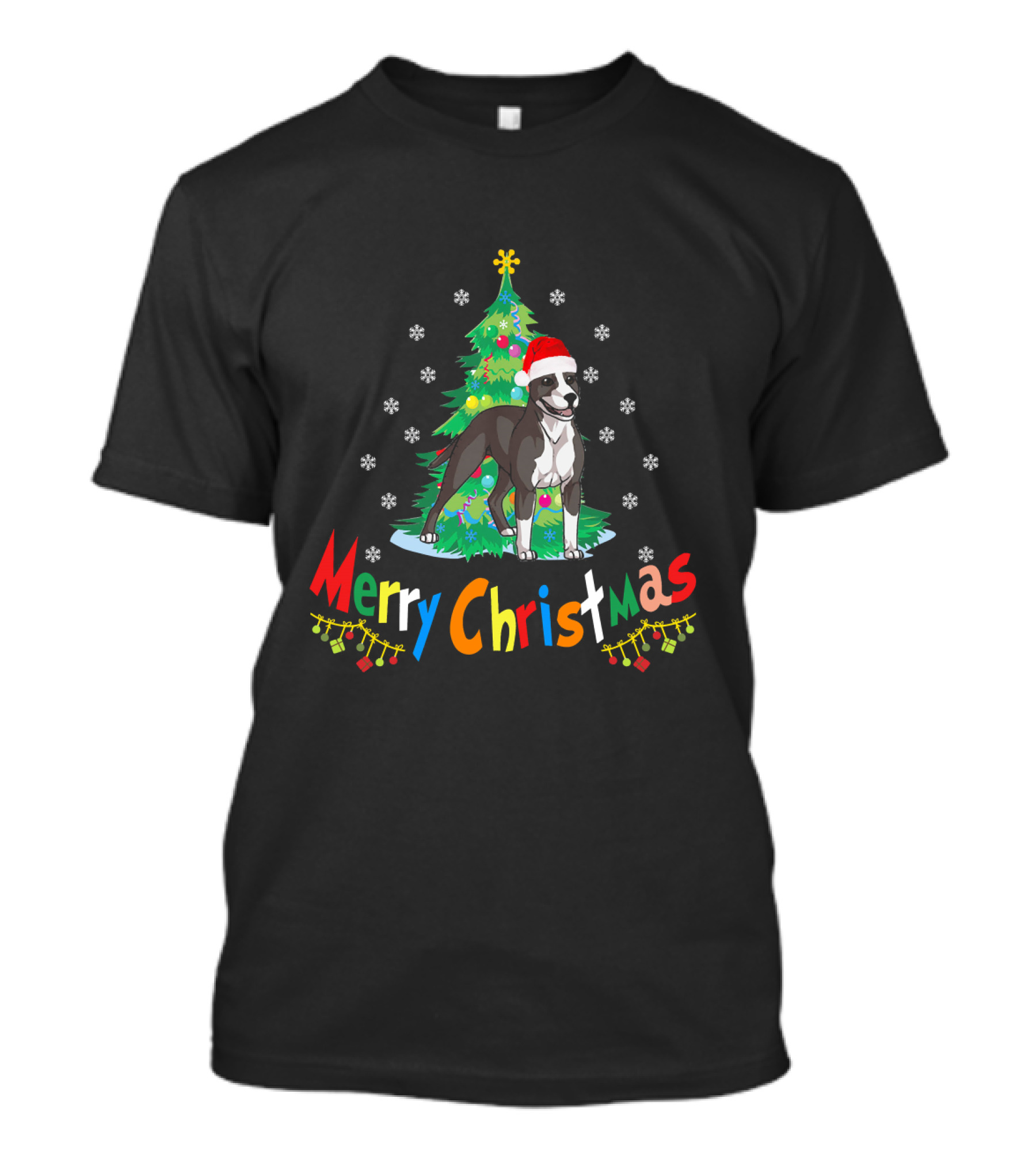 Merry Christmas American Pit Bull Terrier With Santa Hat And Christmas Tree T-Shirt