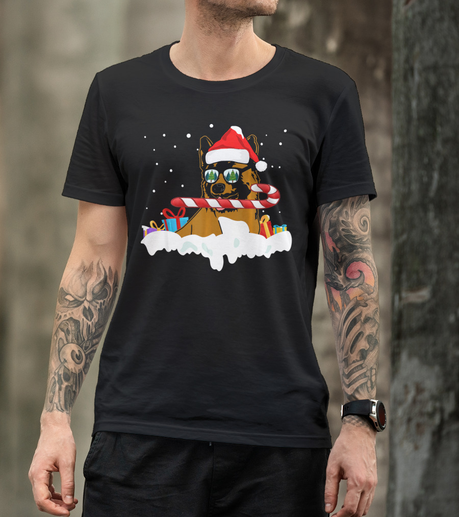 Santa Akita With Candy Cane And Gifts T-Shirt