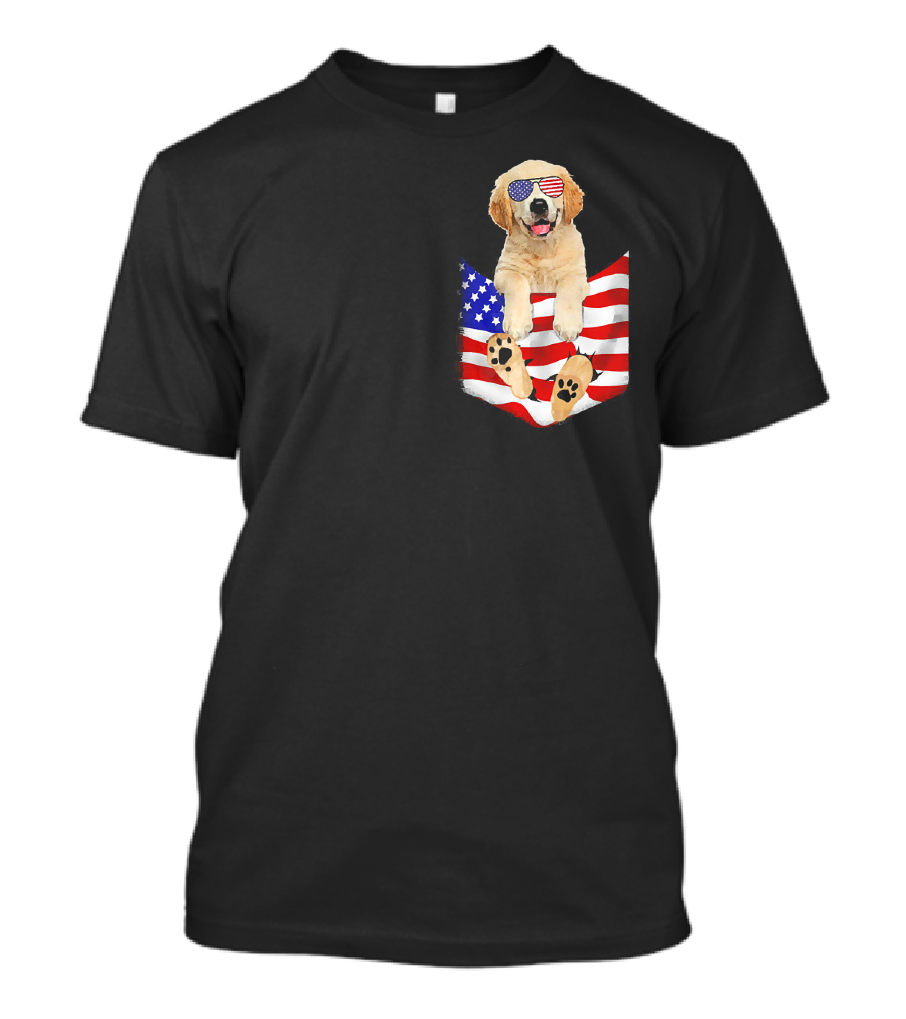Golden Retriever Wearing American Flag Sunglasses In Patriotic Pocket T-Shirt