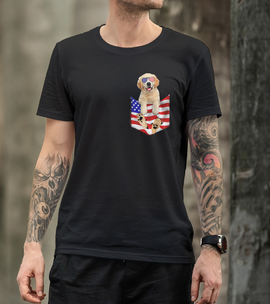 Golden Retriever Wearing American Flag Sunglasses In Patriotic Pocket T-Shirt