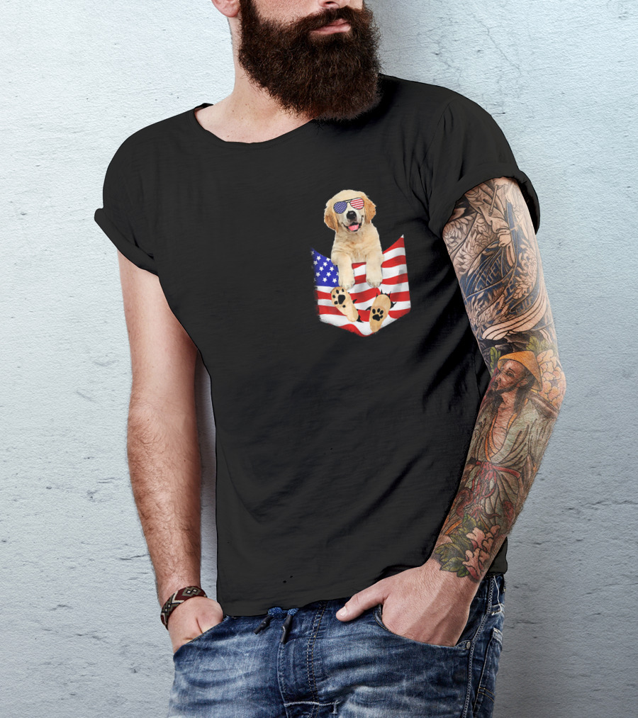 Golden Retriever Wearing American Flag Sunglasses In Patriotic Pocket T-Shirt