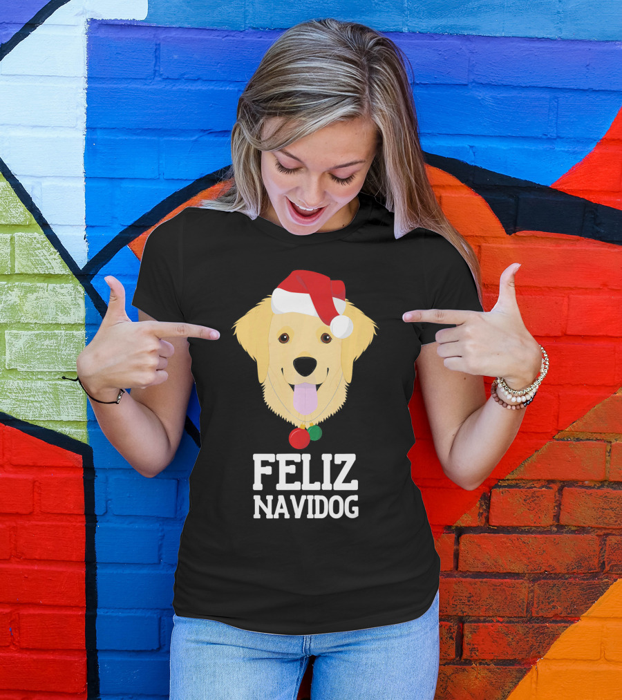 Feliz Navidog Cute Dog Wearing Santa Hat Merry Christmas Gold T-Shirt