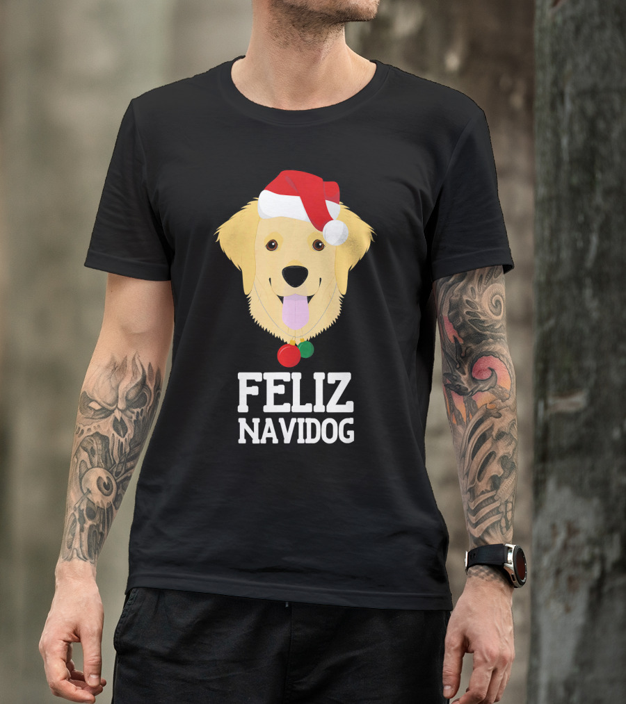 Feliz Navidog Cute Dog Wearing Santa Hat Merry Christmas Gold T-Shirt