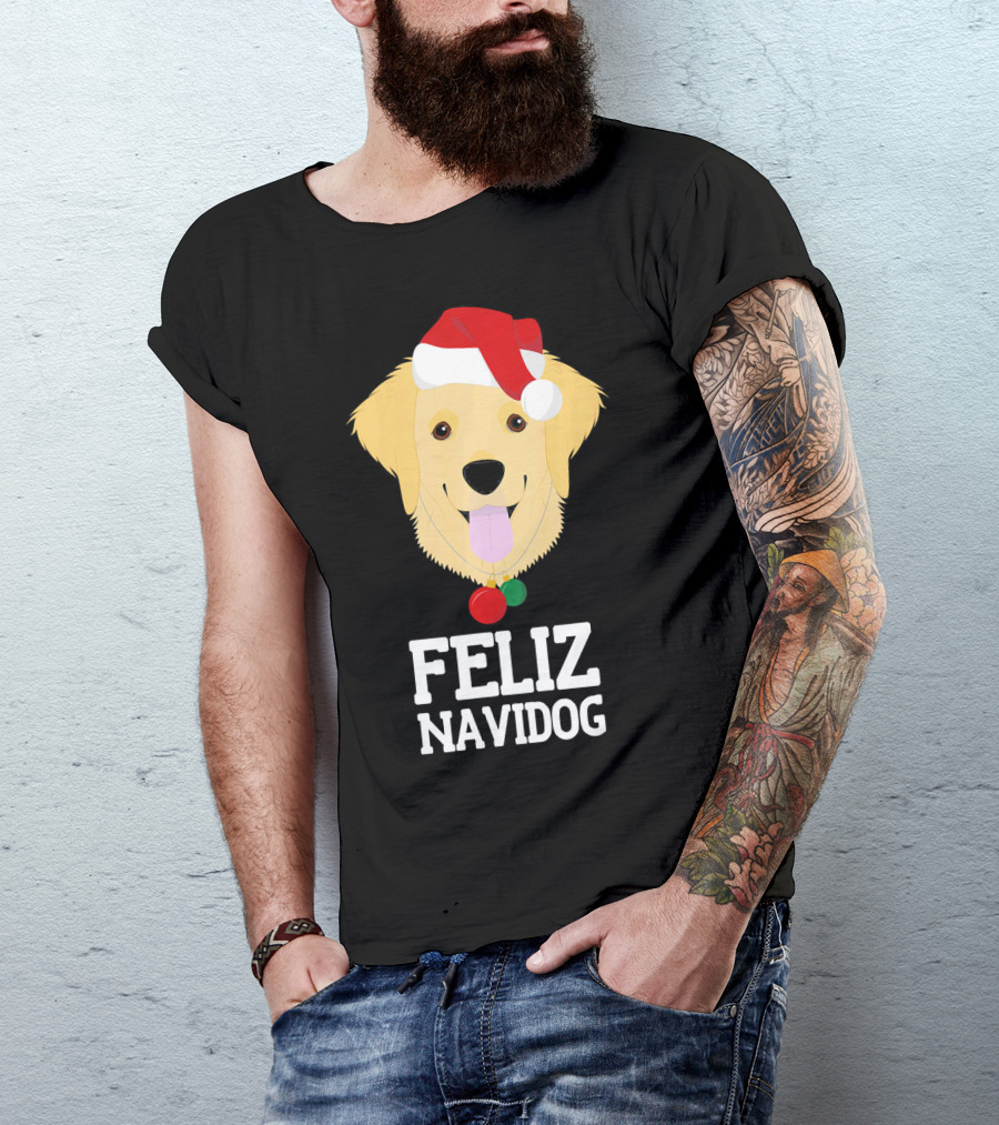 Feliz Navidog Cute Dog Wearing Santa Hat Merry Christmas Gold T-Shirt