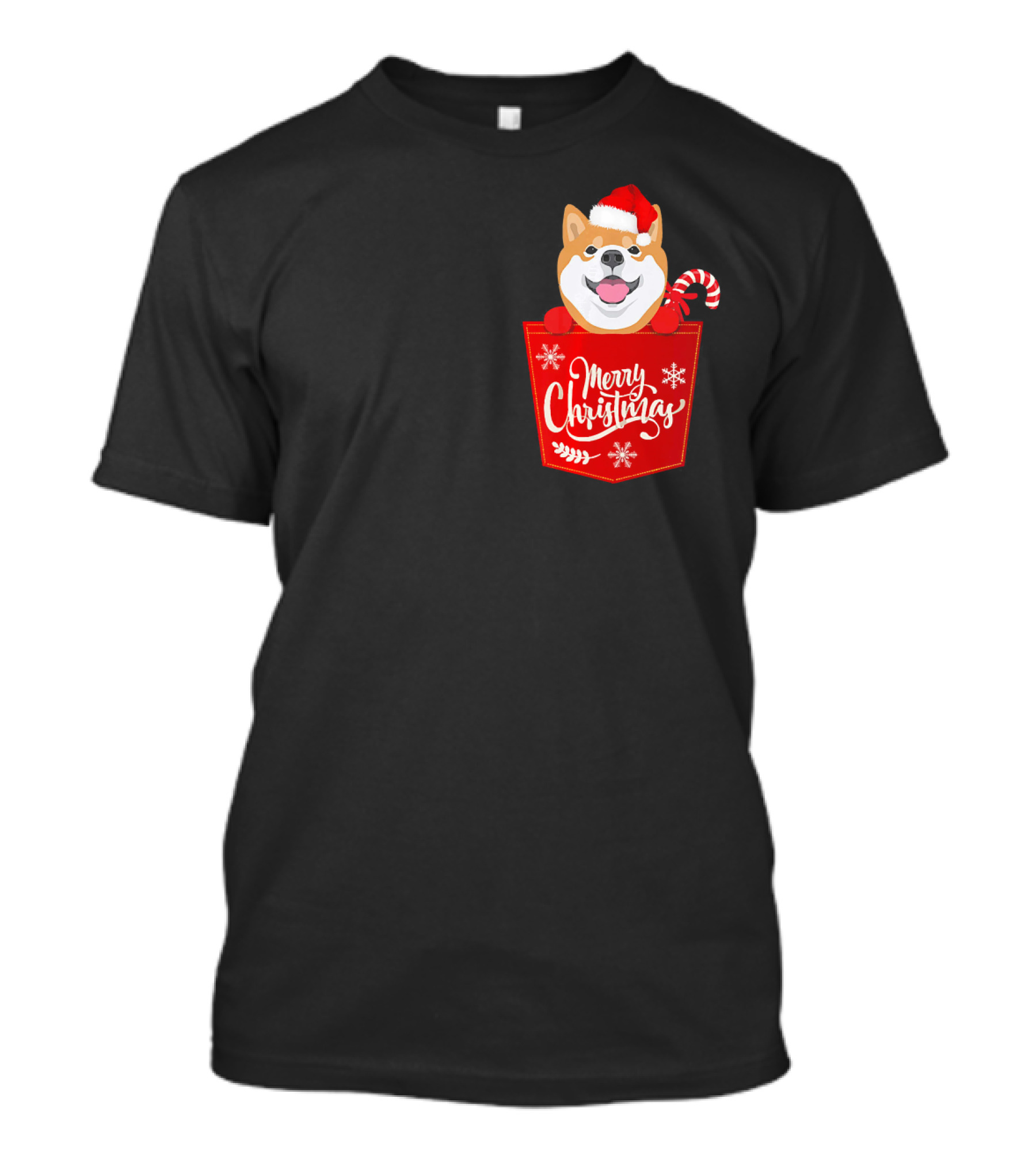 Akita Dog In Santa Hat Merry Christmas Pocket With Candy Cane T-Shirt
