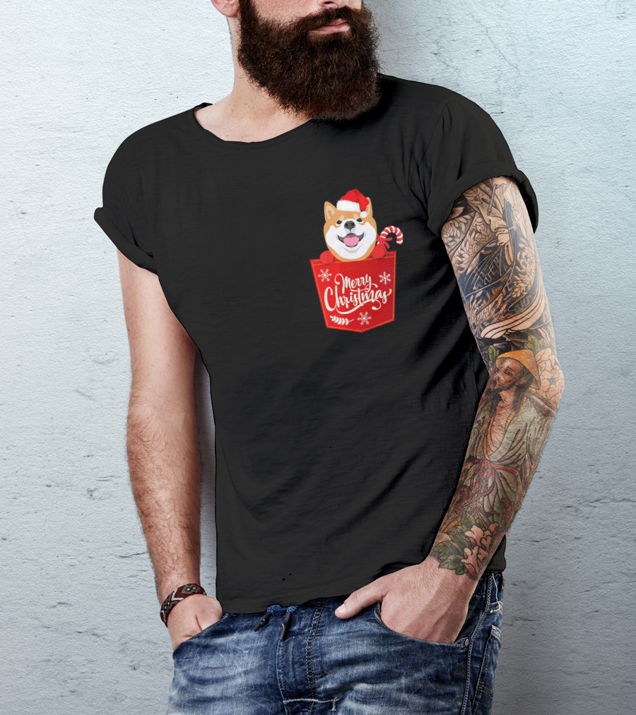Akita Dog In Santa Hat Merry Christmas Pocket With Candy Cane T-Shirt