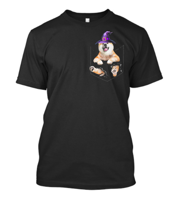 Akita Dog Wearing Witch Hat In Pocket Halloween T-Shirt