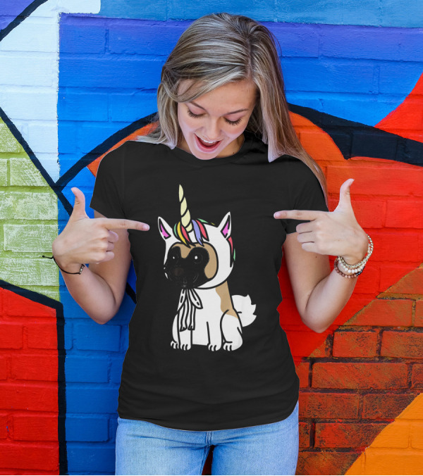 Akita Dog With Rainbow Unicorn Hat Funny T-Shirt