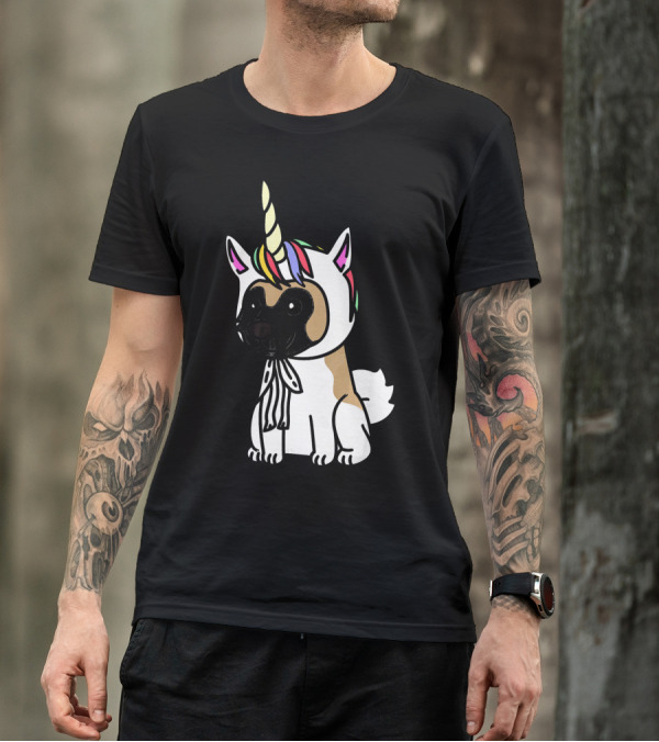 Akita Dog With Rainbow Unicorn Hat Funny T-Shirt