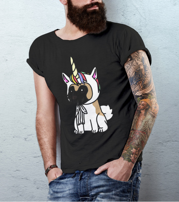 Akita Dog With Rainbow Unicorn Hat Funny T-Shirt