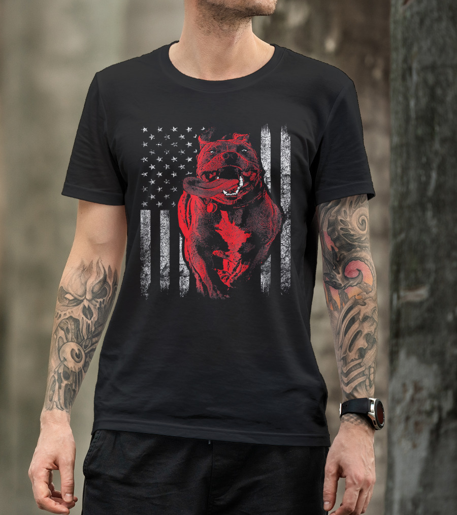 Mens American Bully Pit Bull Dog With American Flag T-Shirt