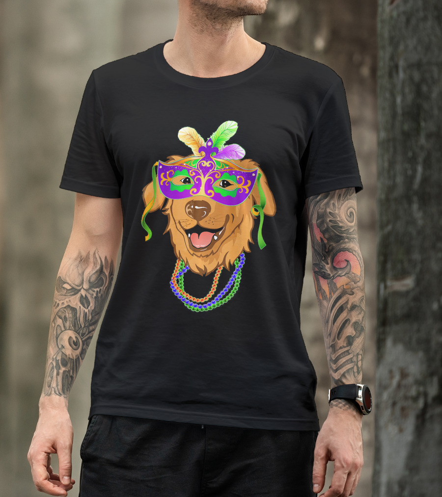 Mardi Gras Golden Retriever Mask Beads Carnival T-Shirt