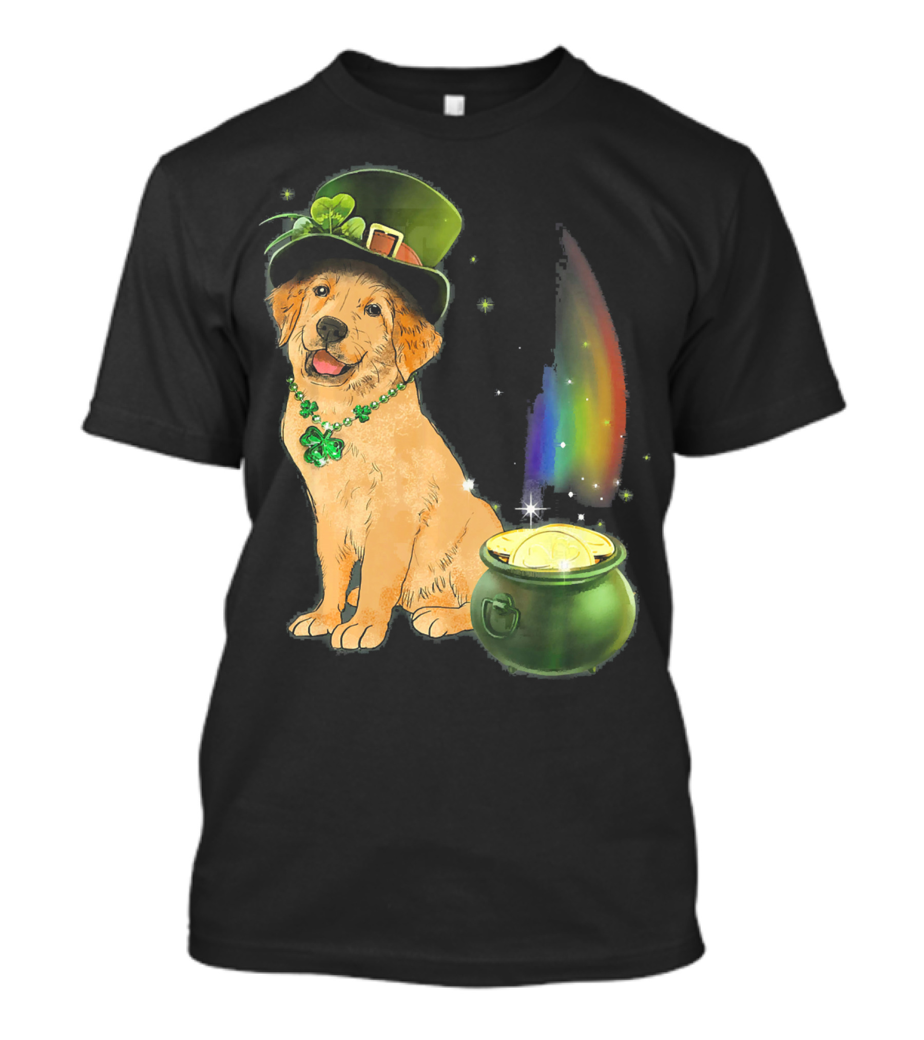 St Patricks Day Golden Retriever Dog With Shamrock Necklace And Leprechaun Hat By Pot Of Gold And Rainbow T-Shirt