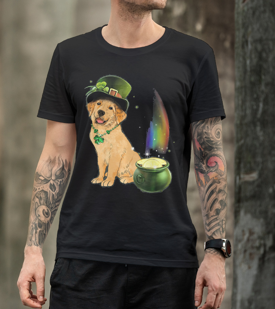 St Patricks Day Golden Retriever Dog With Shamrock Necklace And Leprechaun Hat By Pot Of Gold And Rainbow T-Shirt