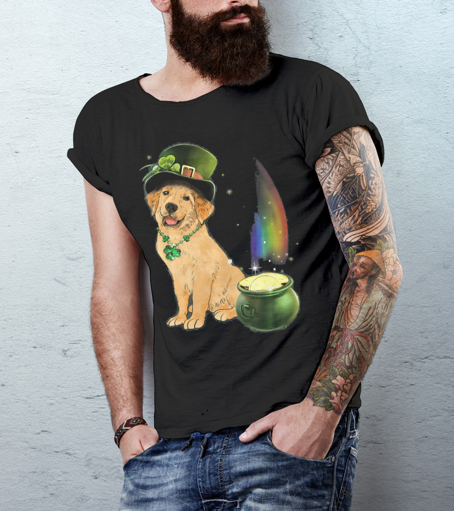 St Patricks Day Golden Retriever Dog With Shamrock Necklace And Leprechaun Hat By Pot Of Gold And Rainbow T-Shirt
