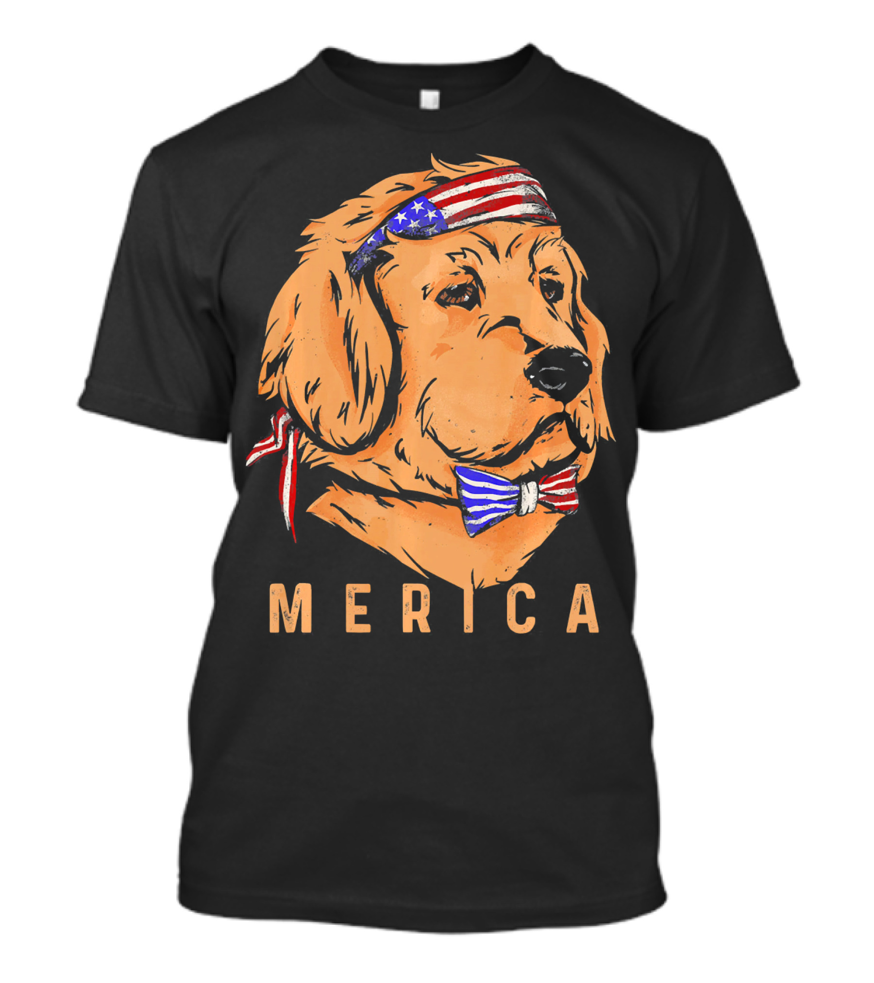 Merica Golden Retriever American Flag Bandana And Bow Tie T-Shirt
