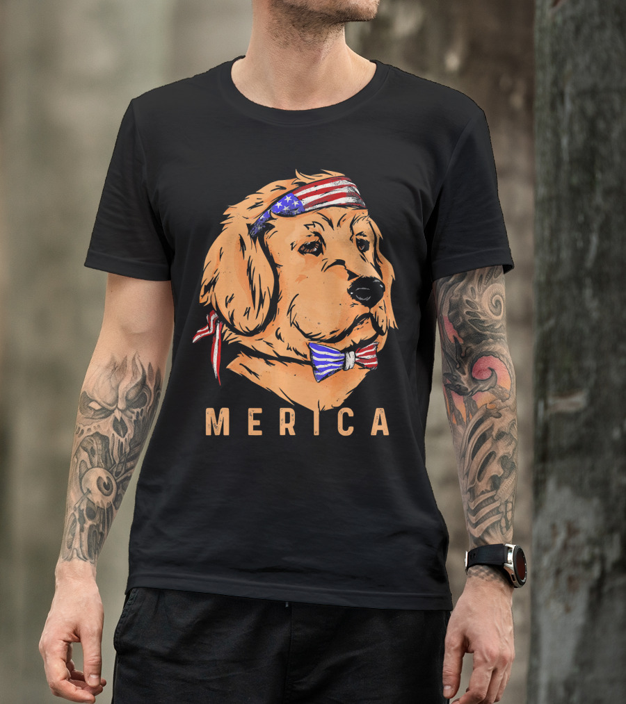 Merica Golden Retriever American Flag Bandana And Bow Tie T-Shirt