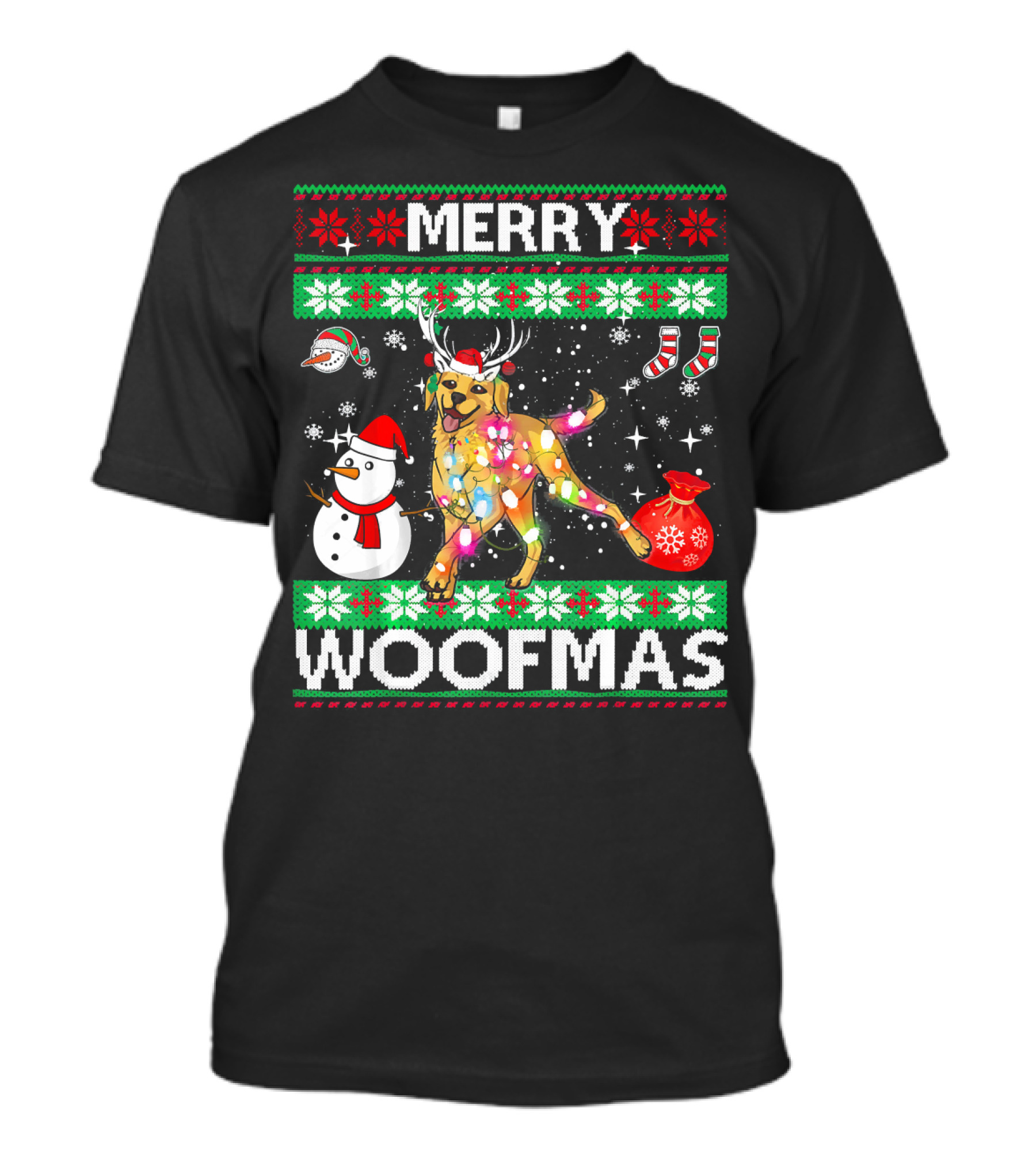 Merry Woofmas Labrador Retriever Christmas Lights Snowman Antlers T-Shirt