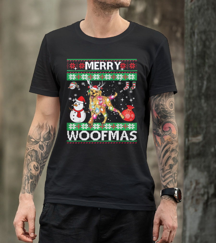 Merry Woofmas Labrador Retriever Christmas Lights Snowman Antlers T-Shirt