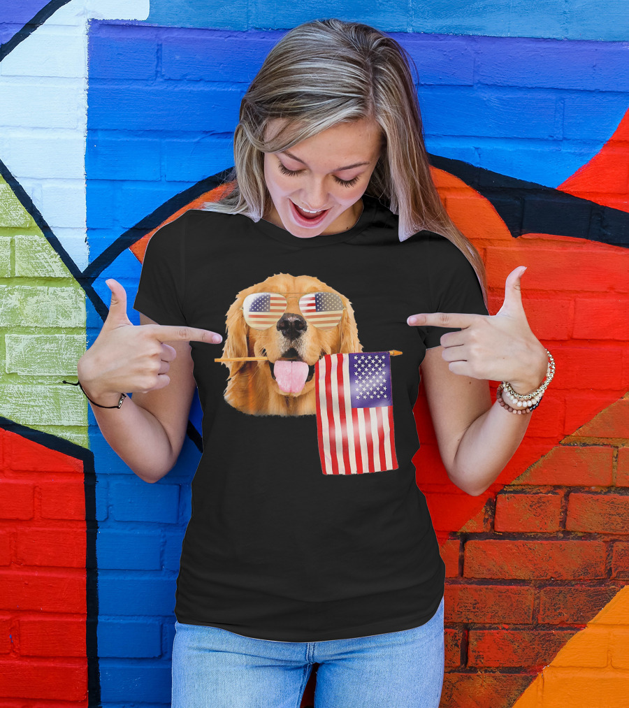 4th Of July American Flag Golden Retriever With Sunglasses T-Shirt