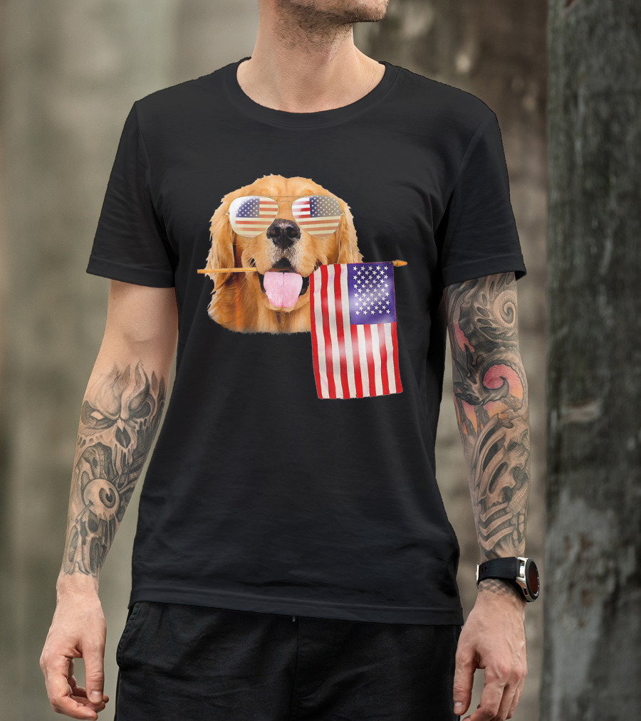 4th Of July American Flag Golden Retriever With Sunglasses T-Shirt