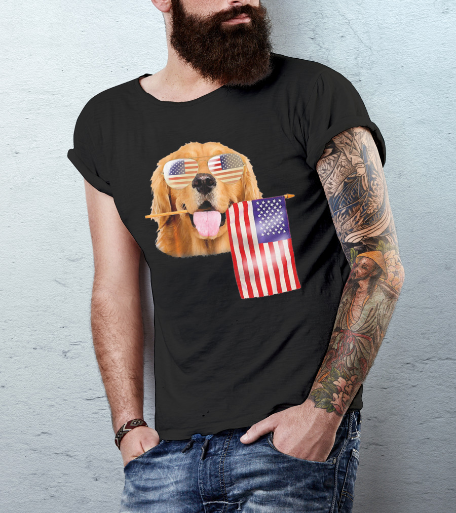 4th Of July American Flag Golden Retriever With Sunglasses T-Shirt