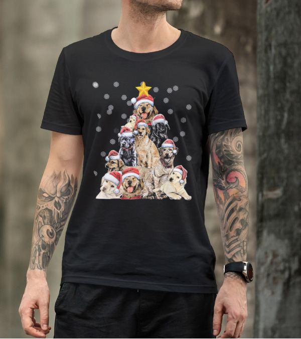 Labrador Retriever Christmas Tree With Santa Hats And Snowflakes T-Shirt