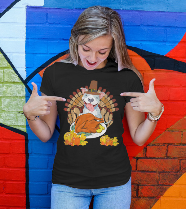 Thanksgiving Pit Bull Turkey Funny Thankful Pilgrim Feast T-Shirt